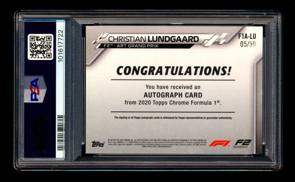 2020 Topps Chrome F1 #F1A-LU Christian Lundgaard RC Gold Wave Refractor Autograph #05/50 PSA 8 ** (SOLD - $59.00 - 11/1/2025) **
