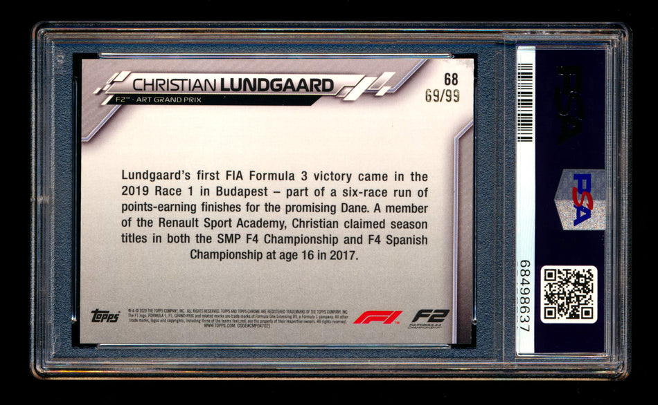 2020 Topps Chrome Sapphire F1 #68 Christian Lundgaard RC Aqua Refractor #69/99 PSA 8