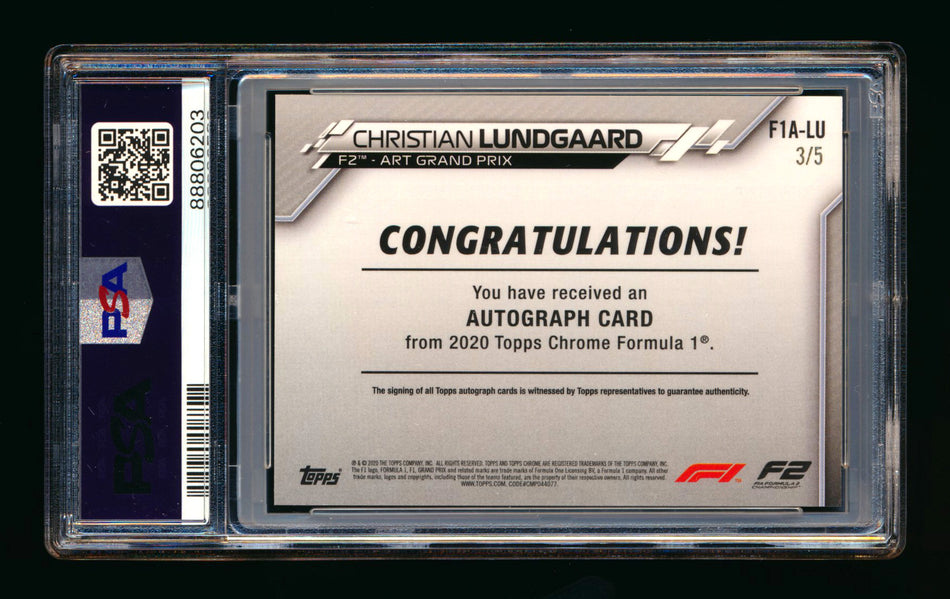 2020 Topps Chrome F1 #F1A-LU Christian Lundgaard RC Red Refractor Autograph #3/5 PSA 8 ** (SOLD - $1,900.00 - 10/15/2025) **