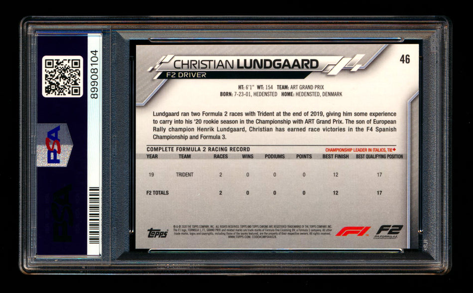 2020 Topps Chrome F1 #46 Christian Lundgaard RC 70th Anniversary Gold Refractor PSA 10