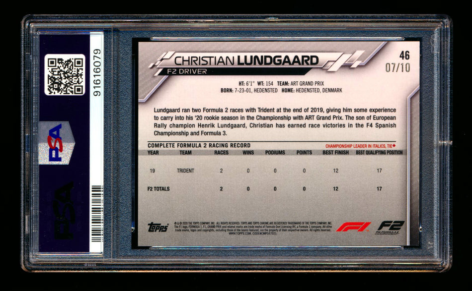 2020 Topps Chrome Sapphire F1 #46 Christian Lundgaard RC Purple Refractor #07/10 PSA 10