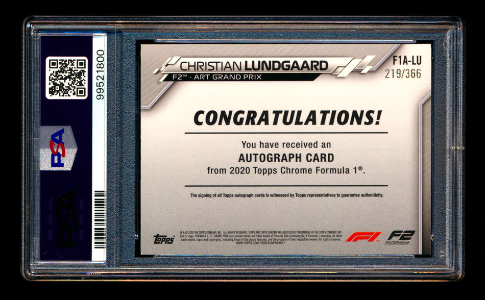 2020 Topps Chrome F1 #F1A-LU Christian Lundgaard RC Refractor Autograph #219/366 PSA 7 DNA 10