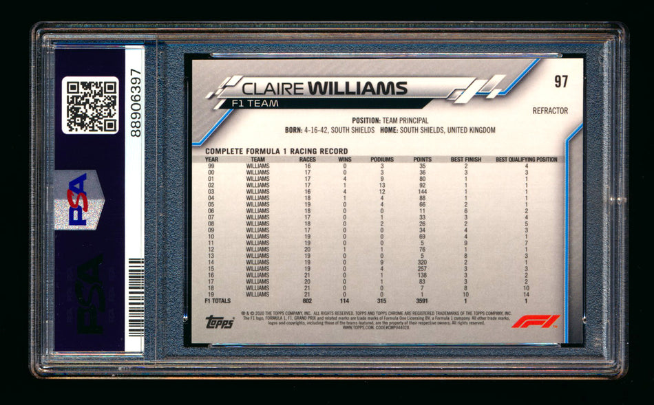 2020 Topps Chrome F1 #97 Claire Williams RC Refractor PSA 9 ** (SOLD eBay - $25.00 - 9/29/2025) **