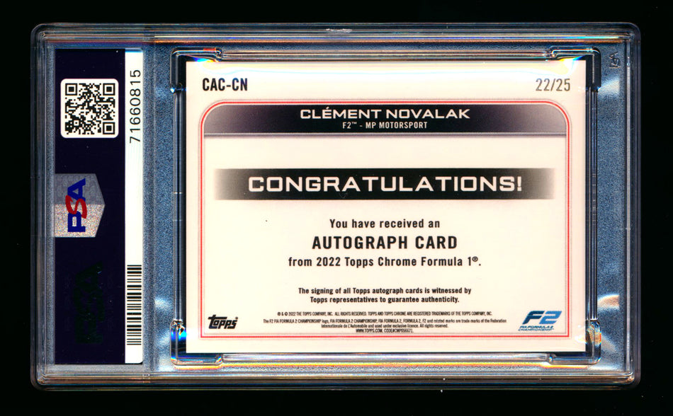 2022 Topps Chrome F1 #CAC-CN Clement Novalak RC Orange Refractor Autograph #22/25 PSA 10