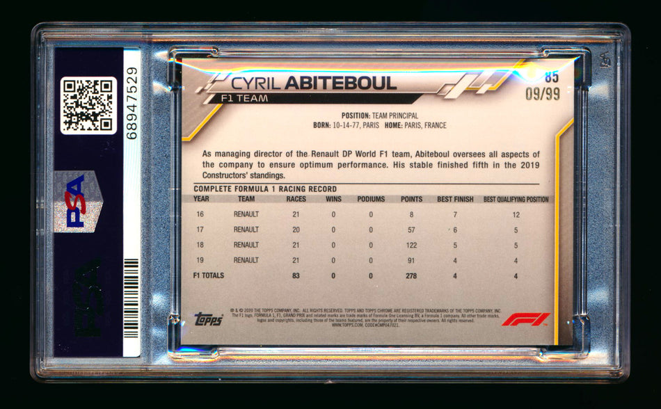 2020 Topps Chrome Sapphire F1 #85 Cyril Abiteboul RC Aqua Refractor #09/99 PSA 8