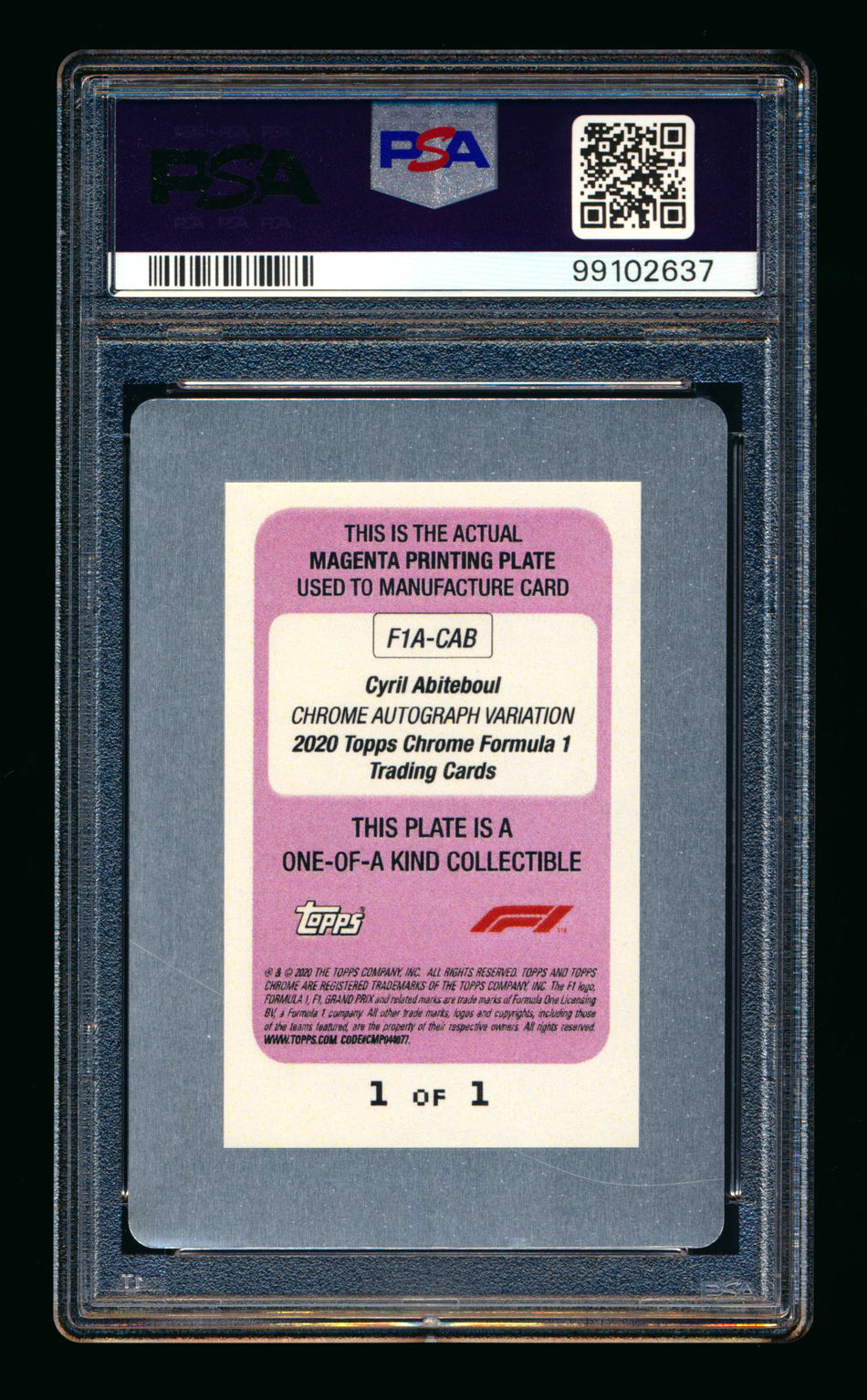 2020 Topps Chrome F1 #F1A-CAB Cyril Abiteboul RC Magenta Printing Plate Autograph #1/1 PSA Authentic