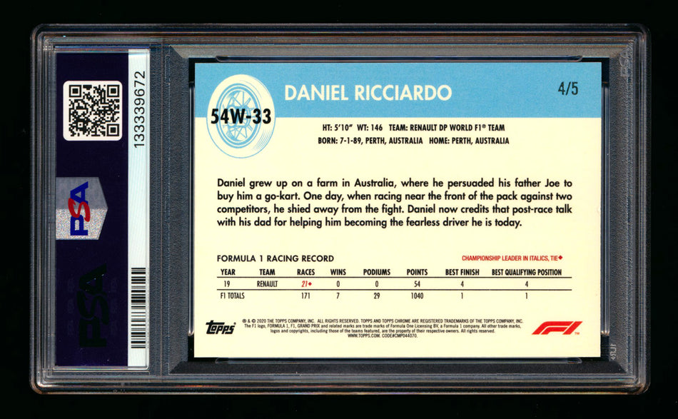 2020 Topps Chrome F1 1954 World on Wheels #54W-33 Daniel Ricciardo RC Red Refractor #4/5 PSA 8
