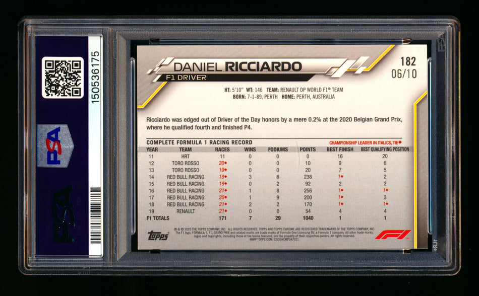 2020 Topps Chrome Sapphire F1 #182 Daniel Ricciardo RC Purple Refractor #06/10 PSA 9