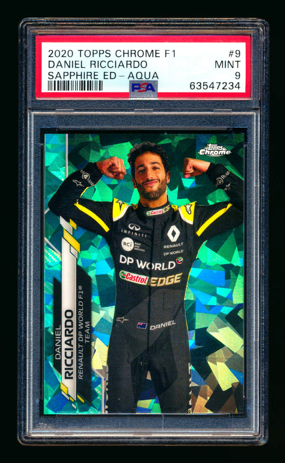 2020 Topps Chrome Sapphire F1 #9 Daniel Ricciardo RC Aqua Refractor Portrait #30/99 PSA 9