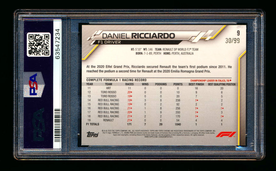 2020 Topps Chrome Sapphire F1 #9 Daniel Ricciardo RC Aqua Refractor Portrait #30/99 PSA 9