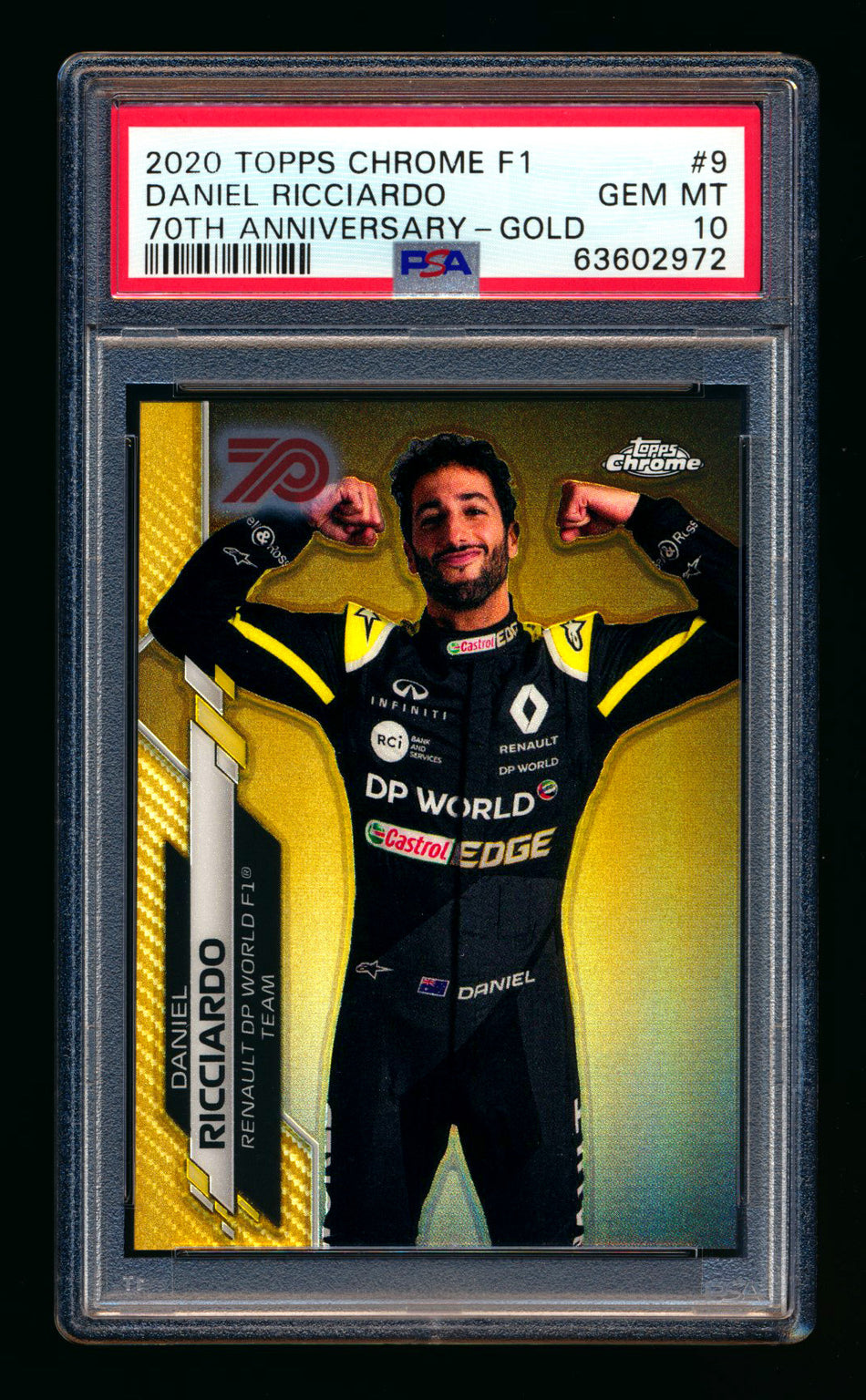 2020 Topps Chrome F1 #9 Daniel Ricciardo RC 70th Anniversary Gold Refractor Portrait PSA 10