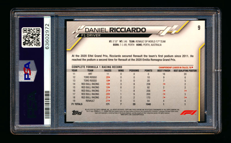 2020 Topps Chrome F1 #9 Daniel Ricciardo RC 70th Anniversary Gold Refractor Portrait PSA 10