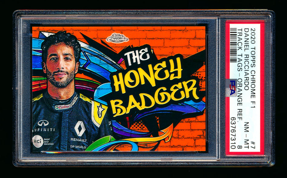 2020 Topps Chrome F1 Track Tags #TT-7 Daniel "The Honey Badger" Ricciardo RC Orange Refractor #05/25 PSA 8 ** (SOLD - $695.00 - 1/3/2025) **