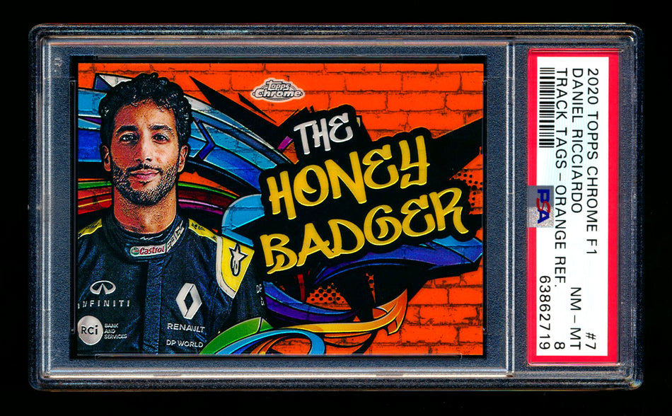 2020 Topps Chrome F1 Track Tags #TT-7 Daniel "The Honey Badger" Ricciardo RC Orange Refractor #21/25 PSA 8 ** (SOLD - $749.00 - 2/28/2025) **