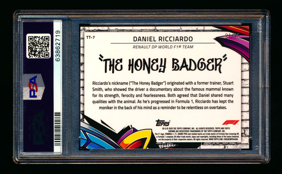 2020 Topps Chrome F1 Track Tags #TT-7 Daniel "The Honey Badger" Ricciardo RC Orange Refractor #21/25 PSA 8 ** (SOLD - $749.00 - 2/28/2025) **