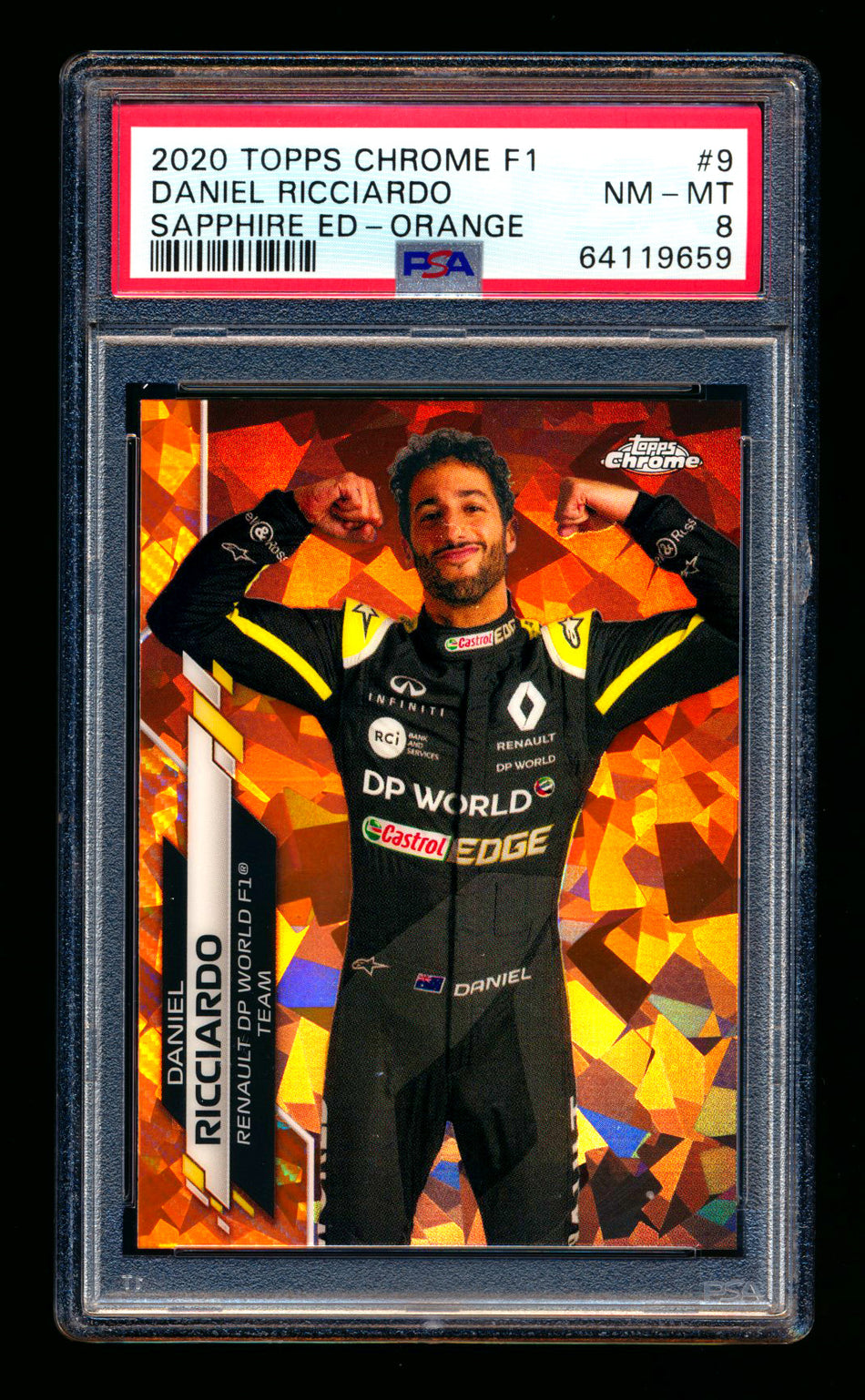 2020 Topps Chrome Sapphire F1 #9 Daniel Ricciardo RC Orange Refractor Portrait #25/25 PSA 8 (Last Number!)