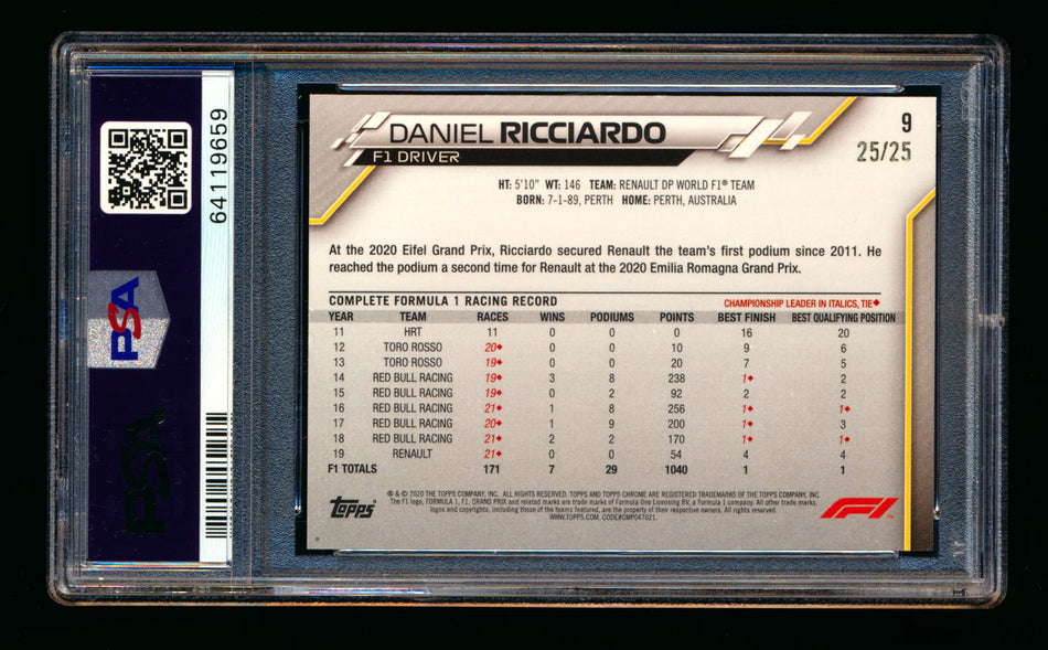 2020 Topps Chrome Sapphire F1 #9 Daniel Ricciardo RC Orange Refractor Portrait #25/25 PSA 8 (Last Number!)