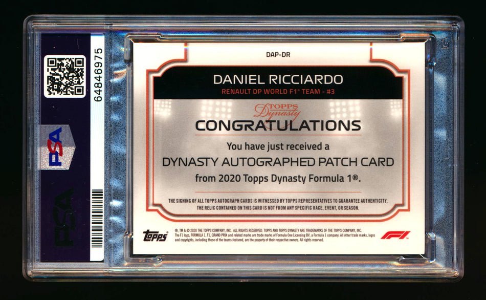 2020 Topps Dynasty F1 #DAP-DR Daniel Ricciardo ROOKIE Patch Autograph #07/10 PSA 9 Mint DNA 10 ** (SOLD - $895.00 - 10/30/2024) **