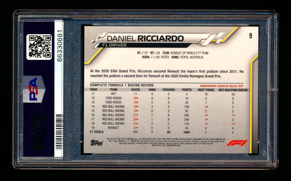 2020 Topps Chrome F1 #9 Daniel Ricciardo RC 70th Anniversary Orange Refractor Portrait PSA 9 ** (SOLD eBay - $109.00 - 12/31/2024) **