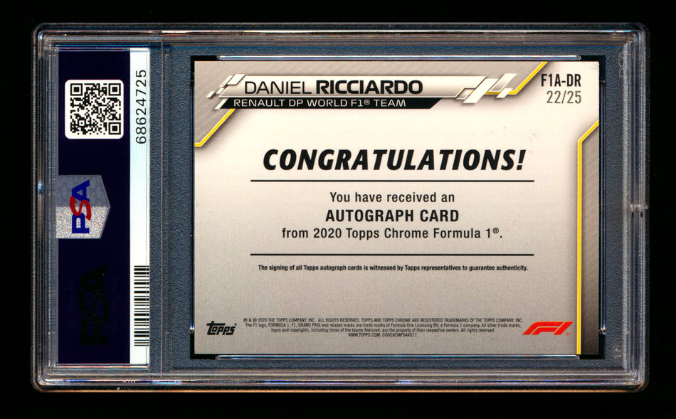 2020 Topps Chrome F1 #F1A-DR Daniel Ricciardo RC Orange Refractor Autograph #22/25 PSA Authentic DNA 10 ** (SOLD - $500.00 - 11/1/2024) **