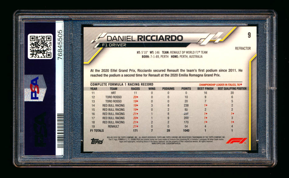 2020 Topps Chrome F1 #9 Daniel Ricciardo RC Refractor Portrait PSA 10
