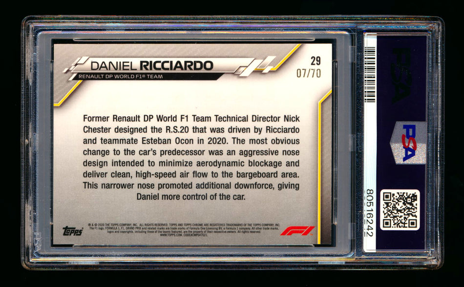 2020 Topps Chrome Sapphire F1 #29 Daniel Ricciardo RC 70th Silver Refractor #07/70 PSA 10