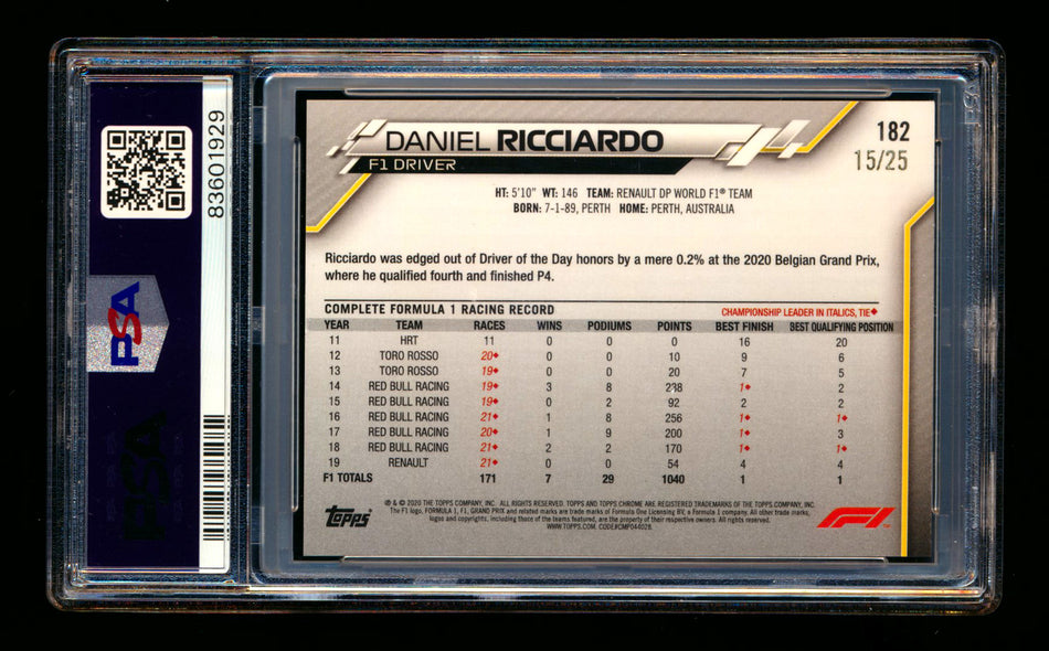 2020 Topps Chrome F1 #182 Daniel Ricciardo RC Orange Refractor #15/25 PSA 7