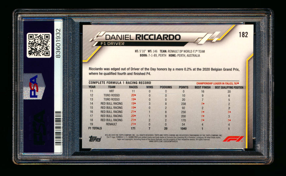 2020 Topps Chrome F1 #182 Daniel Ricciardo RC 70th Anniversary Gold Refractor PSA 9