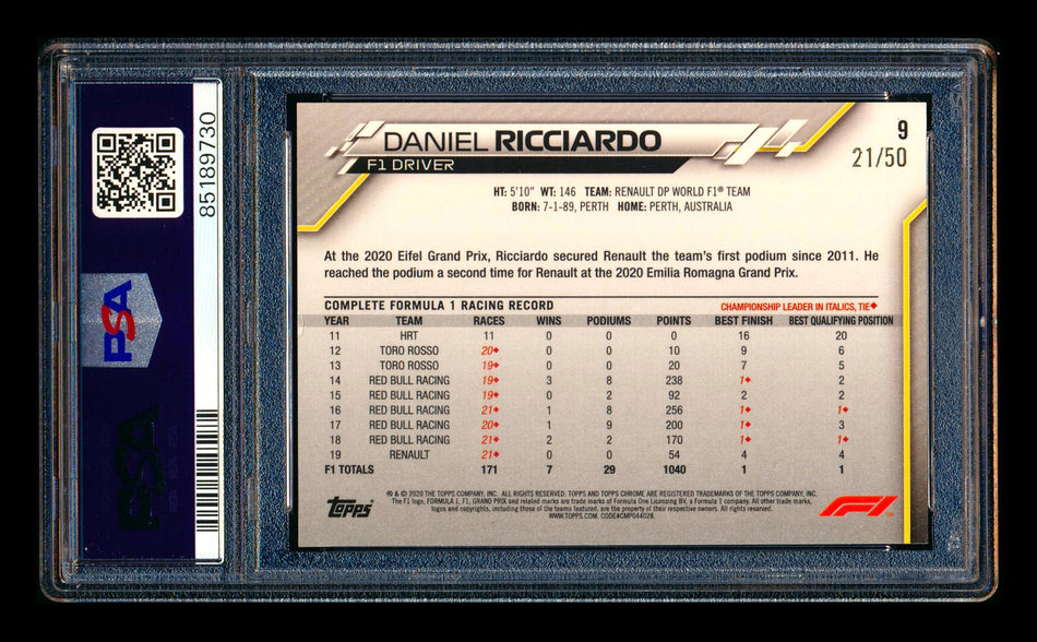 2020 Topps Chrome F1 #9 Daniel Ricciardo RC Gold Refractor Portrait #21/50 PSA 8