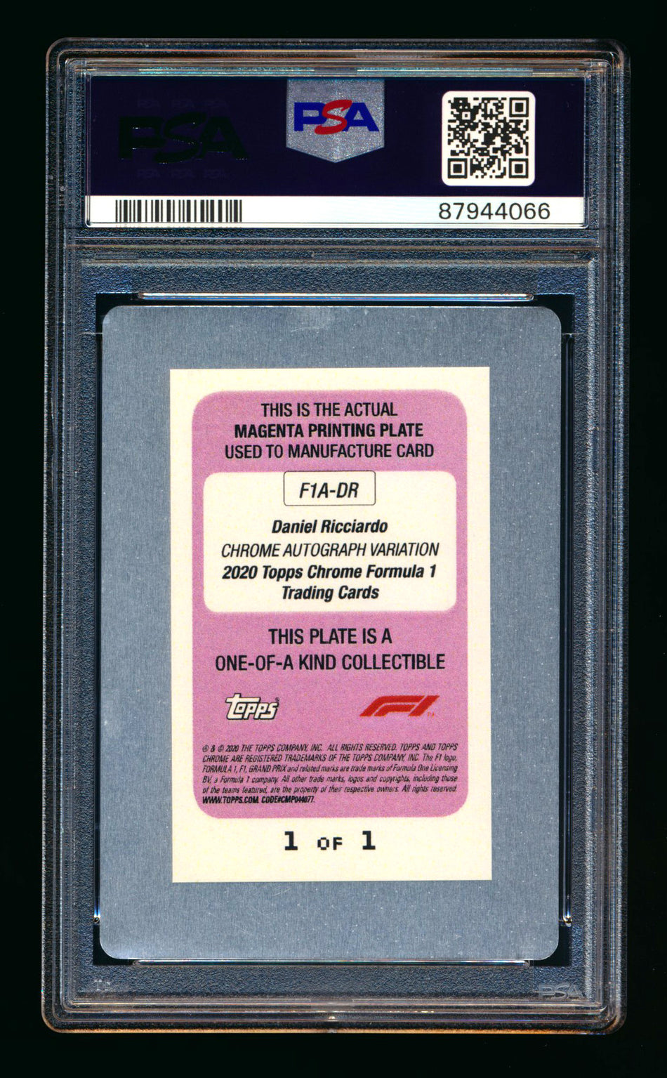 2020 Topps Chrome F1 #F1A-DR Daniel Ricciardo RC Magenta Printing Plate Autograph #1/1 PSA Authentic DNA 10
