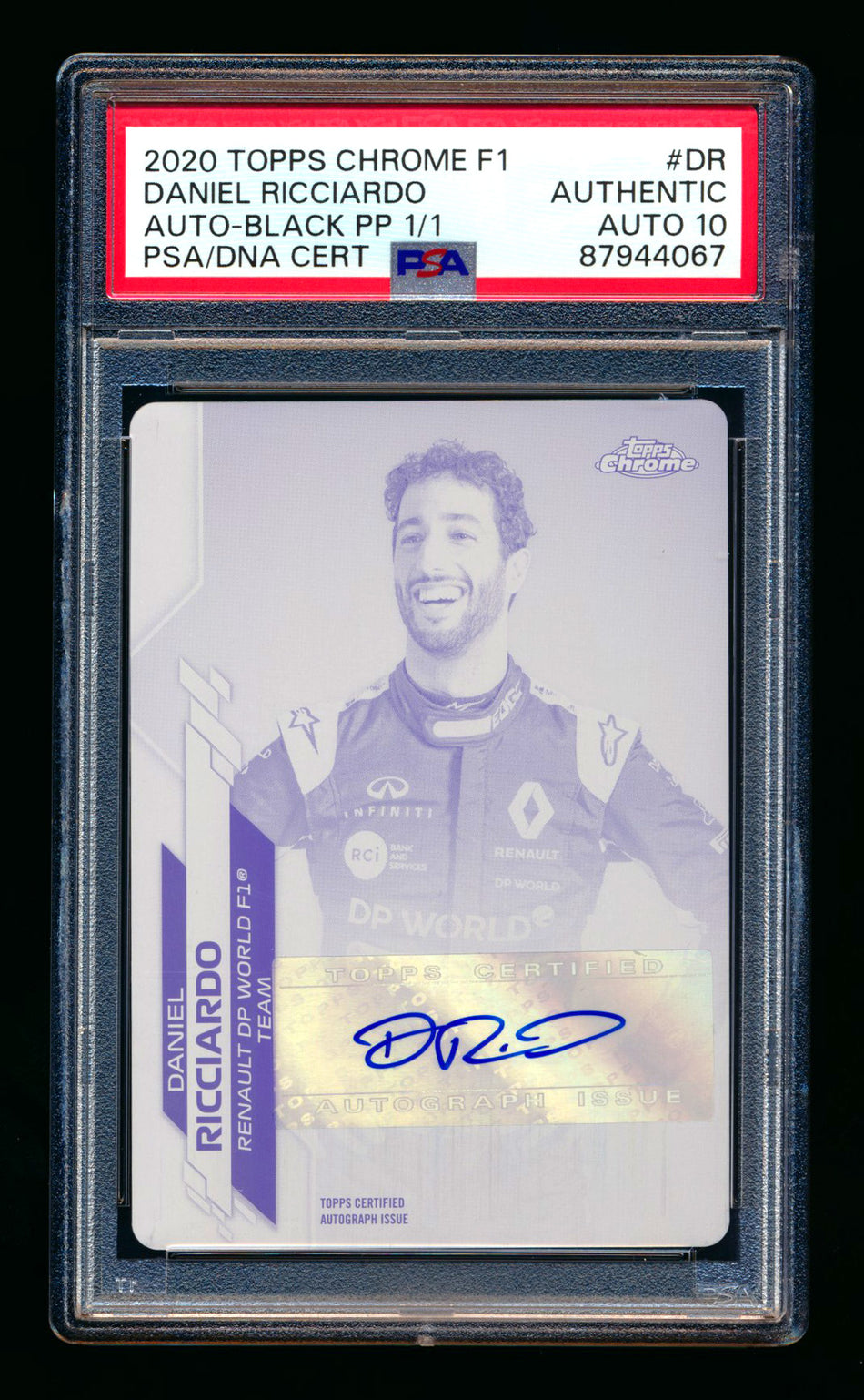2020 Topps Chrome F1 #F1A-DR Daniel Ricciardo RC Black Printing Plate Autograph #1/1 PSA Authentic DNA 10