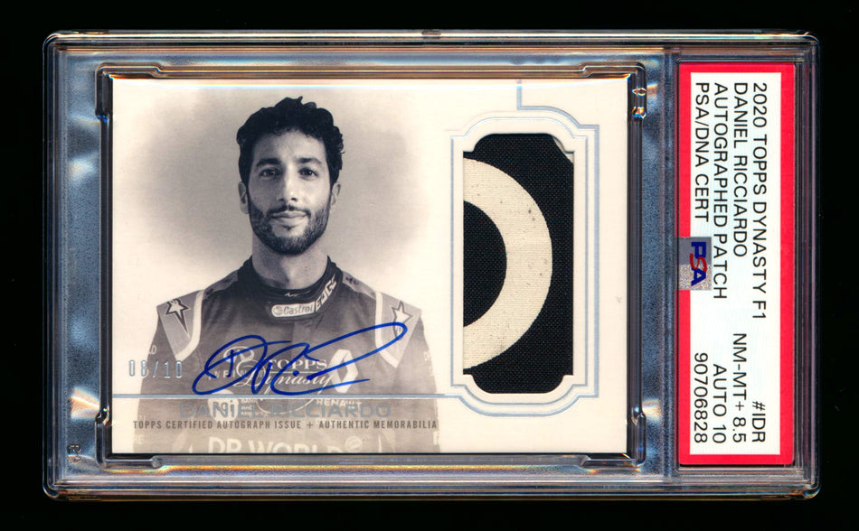 2020 Topps Dynasty F1 #DAP-IDR Daniel Ricciardo ROOKIE Patch Autograph #08/10 PSA 8.5 NM-MT+ DNA 10 ** (SOLD - $600.00 - 11/16/2024) **