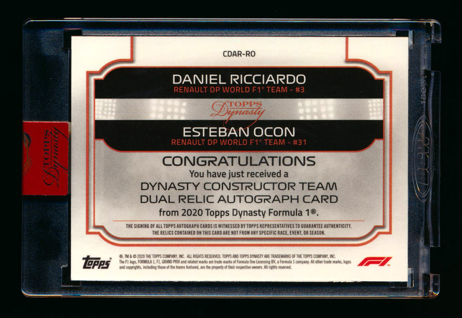 2020 Topps Dynasty F1 #CDAR-RO Daniel Ricciardo/Esteban Ocon ROOKIE Gold Dual Patch Autograph #1/1 ** (SOLD - $6,500.00 - 2/16/2026) **