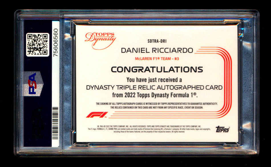 2022 Topps Dynasty F1 #SDTRA-DRI Daniel Ricciardo Red Triple Patch Autograph #2/5 PSA 10 Gem Mint DNA 10 - POP 1!