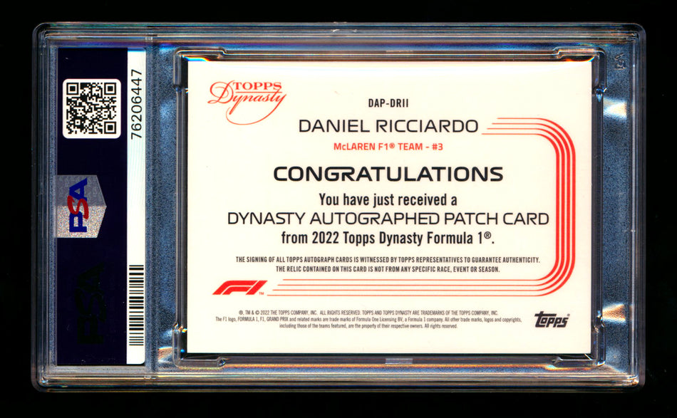 2022 Topps Dynasty F1 #DAP-DRII Daniel Ricciardo Gold Patch Autograph #1/1 PSA 9 Mint - POP 1! ** (SOLD - $700.00 - 3/14/2025) **