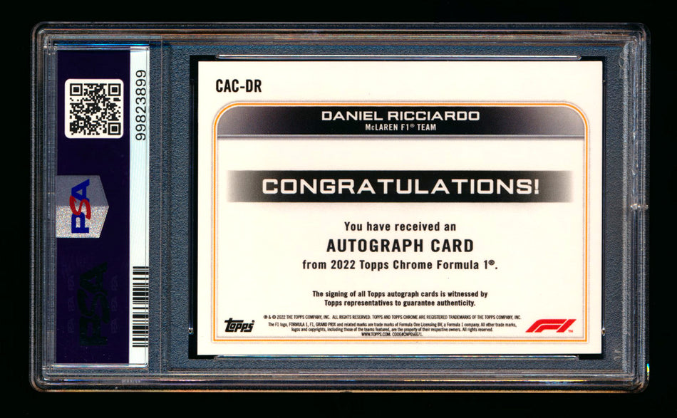 2022 Topps Chrome F1 #CAC-DR Daniel Ricciardo Refractor Autograph PSA 10