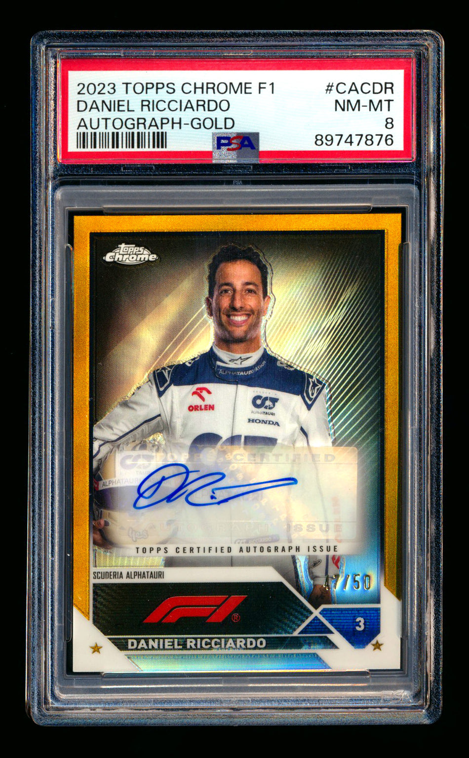 2023 Topps Chrome F1 #CAC-DR Daniel Ricciardo Gold Refractor Autograph #47/50 PSA 8 ** (SOLD - $149.00 - 12/6/2024) **