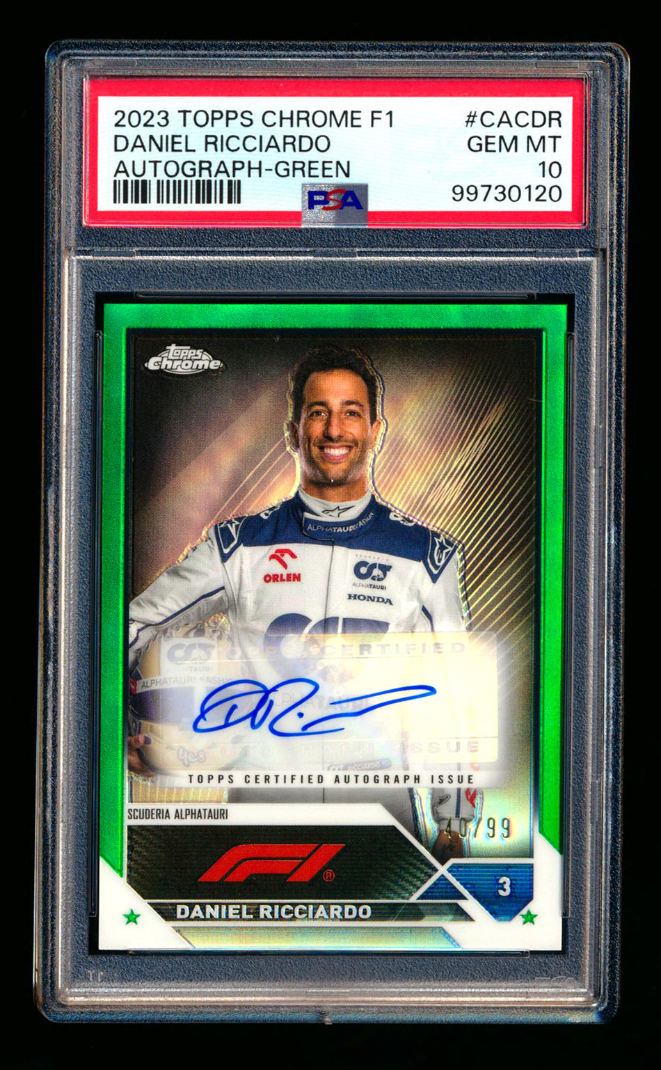 2023 Topps Chrome F1 #CAC-DR Daniel Ricciardo Green Refractor Autograph #40/99 PSA 10