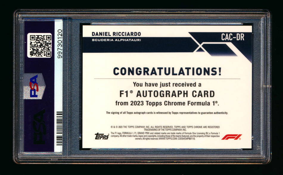 2023 Topps Chrome F1 #CAC-DR Daniel Ricciardo Green Refractor Autograph #40/99 PSA 10