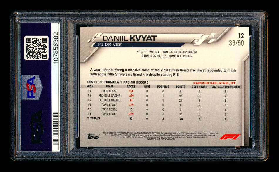 2020 Topps Chrome F1 #12 Daniil Kvyat RC Gold Refractor Portrait #36/50 PSA 8