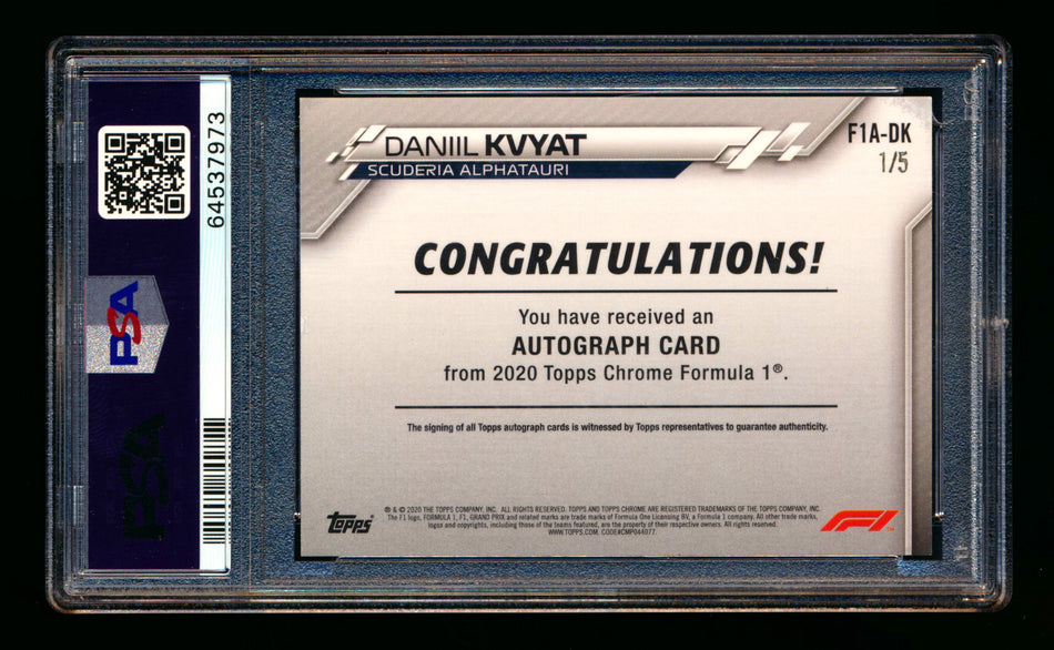 2020 Topps Chrome F1 #F1A-DK Daniil Kvyat RC Red Refractor Autograph #1/5 PSA 7 DNA 10 (First #!)