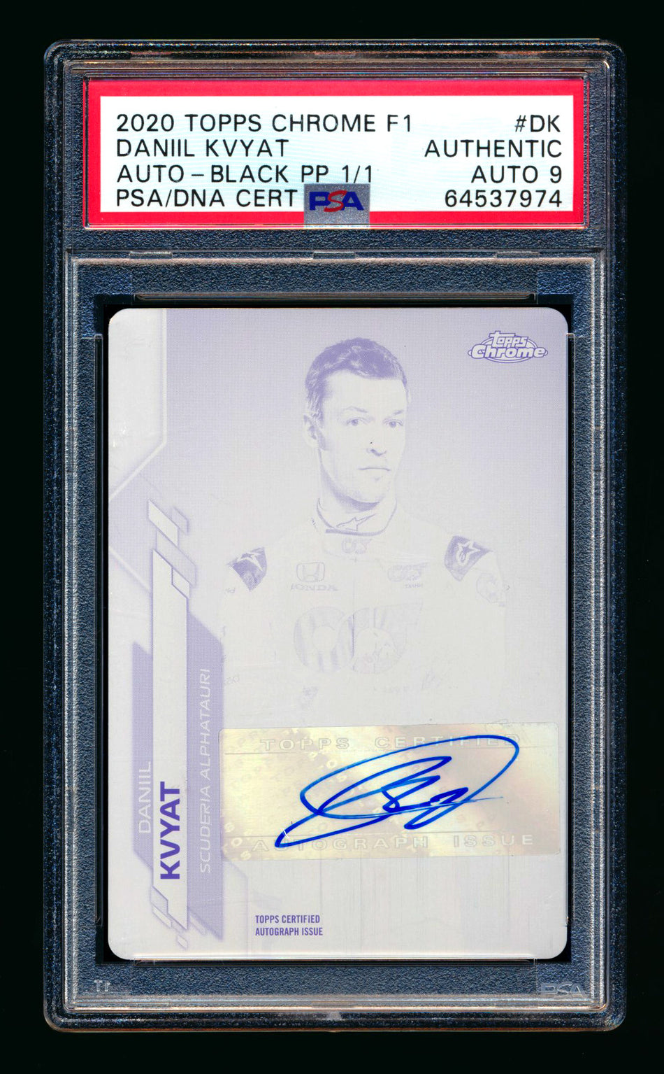 2020 Topps Chrome F1 #F1-DK Daniil Kvyat RC Black Printing Plate Autograph #1/1 PSA Authentic DNA 9