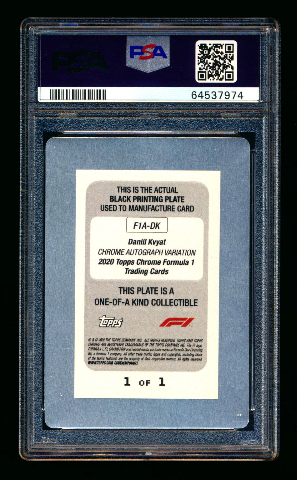 2020 Topps Chrome F1 #F1-DK Daniil Kvyat RC Black Printing Plate Autograph #1/1 PSA Authentic DNA 9