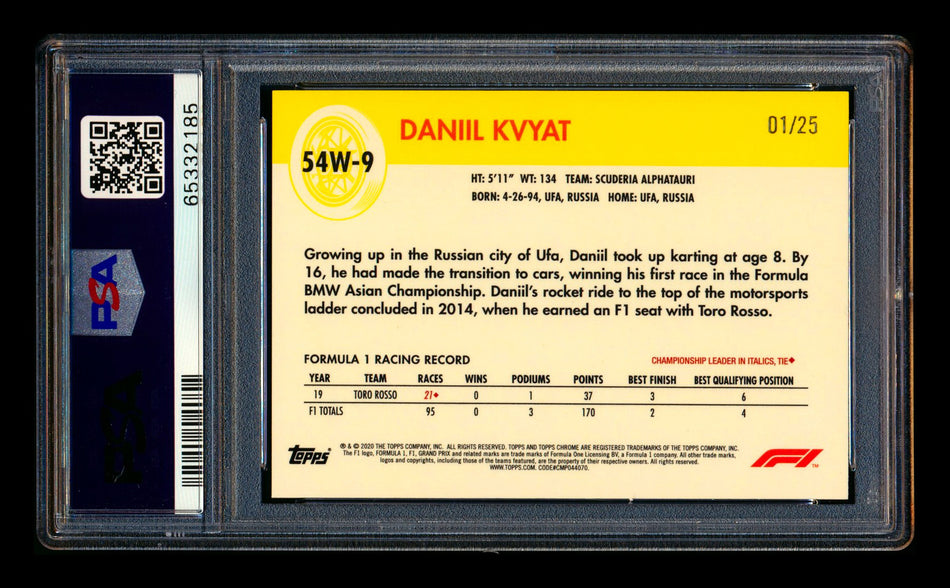2020 Topps Chrome F1 1954 World on Wheels #54W-9 Daniil Kvyat RC Orange Refractor #01/25 PSA 10 (First #!) - POP 1!