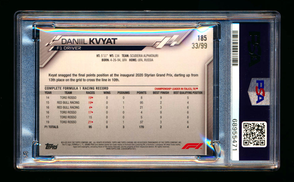 2020 Topps Chrome Sapphire F1 #185 Daniil Kvyat RC Aqua Refractor #33/99 PSA 9