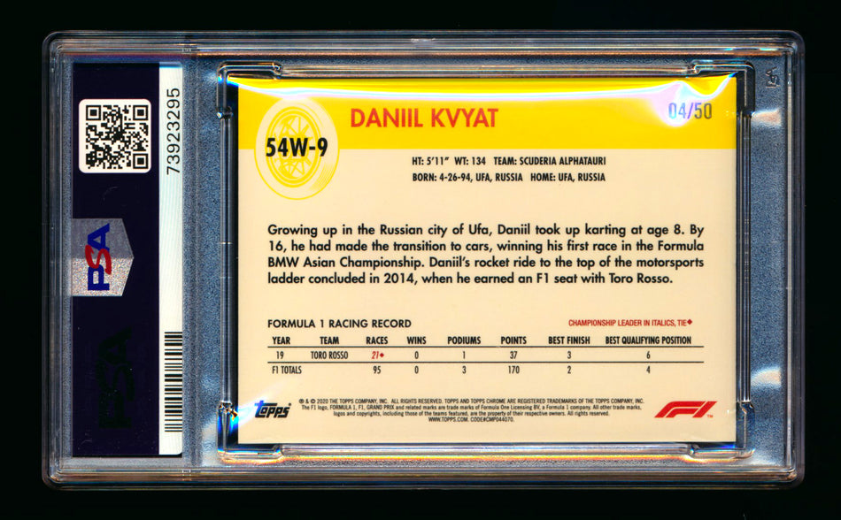 2020 Topps Chrome F1 1954 World on Wheels #54W-9 Daniil Kvyat RC Gold Refractor #04/50 PSA 9 ** (SOLD - $119.00 - 10/28/2024) **