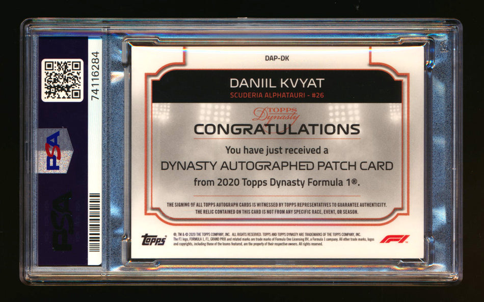 2020 Topps Dynasty F1 #DAP-DK Daniil Kvyat ROOKIE Patch Autograph #05/10 PSA 10 Gem Mint ** (SOLD - $649.00 - 10/26/2024) **