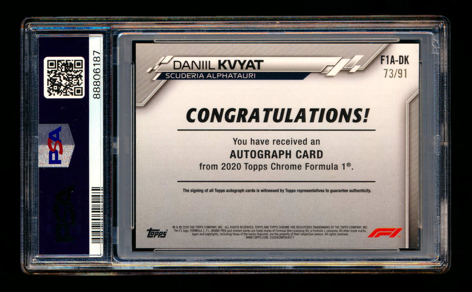 2020 Topps Chrome F1 #F1A-DK Daniil Kvyat RC Refractor Autograph #73/91 PSA 8 ** (SOLD - $145.00 - 12/18/2024) **