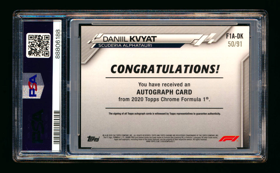 2020 Topps Chrome F1 #F1A-DK Daniil Kvyat RC Refractor Autograph #50/91 PSA 9