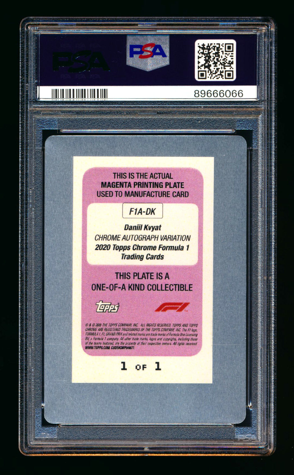 2020 Topps Chrome F1 #F1A-DK Daniil Kvyat RC Magenta Printing Plate Autograph #1/1 PSA Authentic